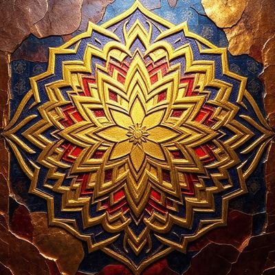 The primary subject of the image is a large, intricate, and colorful flower design. The setting is a wooden surface, possibly a table or a wall, with a blue background. The visual style appears to be a combination of digital art and illustration, creating a vibrant and eye-catching pattern. The dominant colors in the image are red, gold, and blue, giving the design a warm and lively atmosphere.